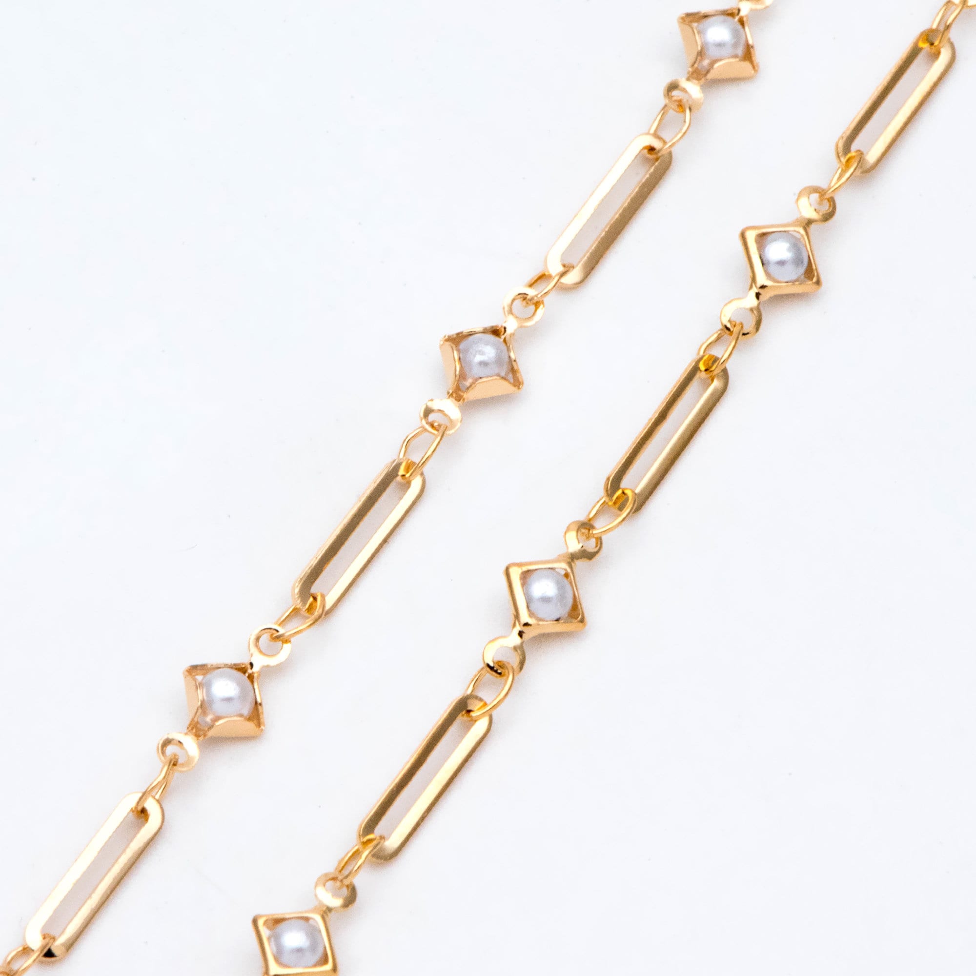 Gold Faux Pearl Beaded Chain, 18K Gold plated Brass Cable Chain with Rhombus Bezel Faux Pearl (LK-510) / 1 meter= 3.3ft